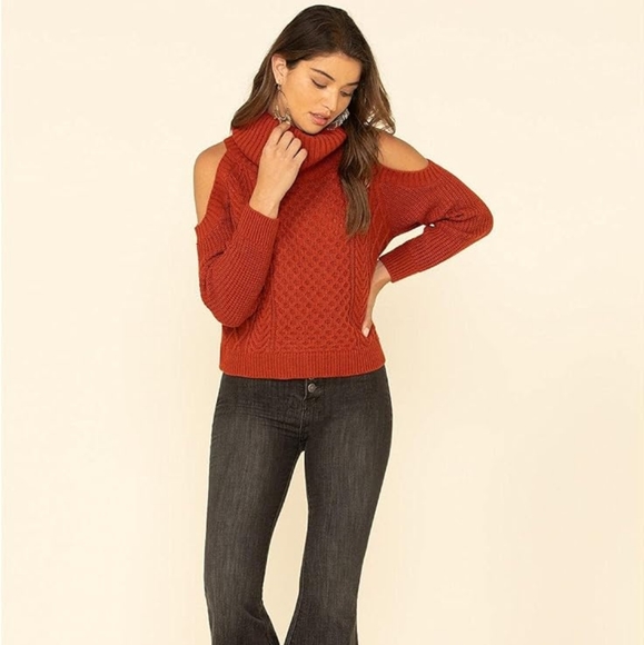 Rock & Roll Cold Shoulder Cowel Neck Sweater - Picture 2 of 5